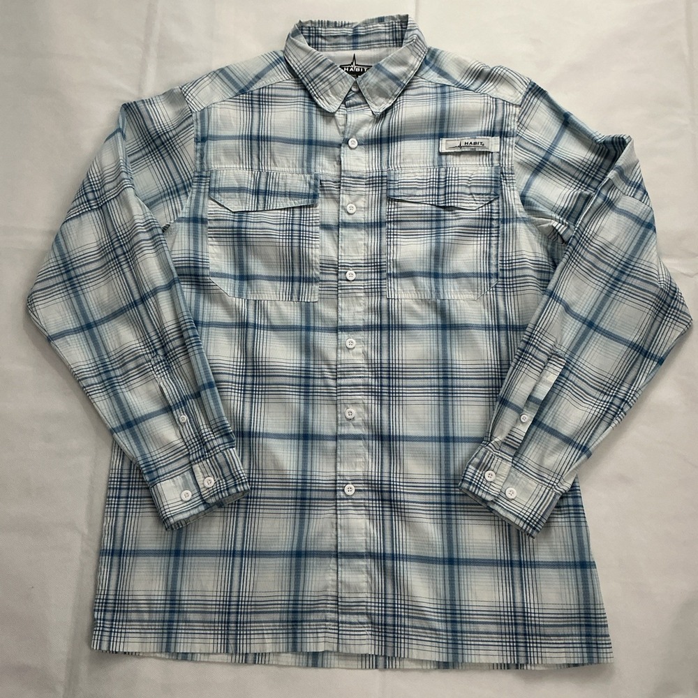 Habit Fishing Shirt Mens M Blue Plaid Long Sleeve Ventilated TS1457 UPF 30+